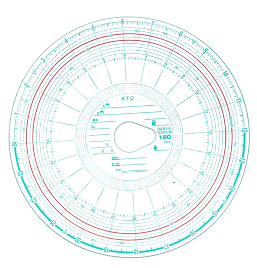 タコグラフチャート紙　1日120km（中心穴タマゴ型）赤ライン 小芝記録紙 KM-24-120-2C（100枚入り）_画像1