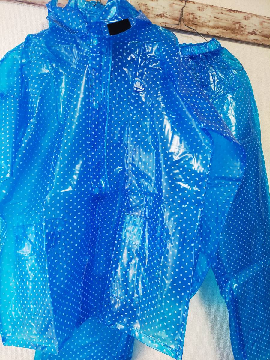 半透明　青色　ビニールレインコート　合羽　上下セット　光沢　模様　L　レインコート　雨衣　防水　カッパ_画像1