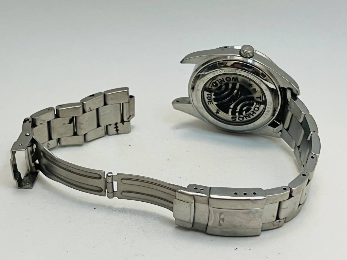 動作　 TECHNOS WORLD-WIDE 自動巻き 腕時計 TBM543 テクノス メンズ 腕時計 オートマチック 3針式 黒文字盤 シルバー 裏スケ ベルト切_画像3
