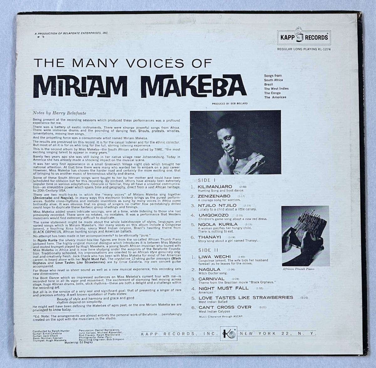 ■1962年 オリジナル US盤 Miriam Makeba - The Many Voices Of Miriam Makeba 12”LP KL-1274 KAPP Records_画像2