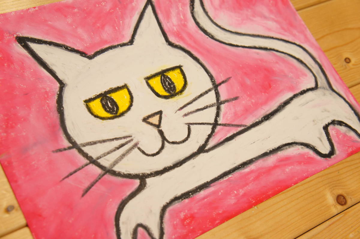 【白猫】手描き 肉筆 クレヨン画 絵画 A4サイズ 697,Crayon painting, oil pastel painting, original art,猫,ねこ_画像4