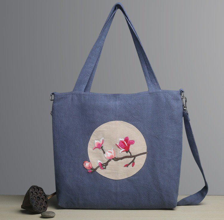 ユニークな工芸品 トートバッグ コットン リネン キャンバス 帆布 ショルダーバッグ ハンドバッグ ハンドメイド レディース 桃の花 刺繍