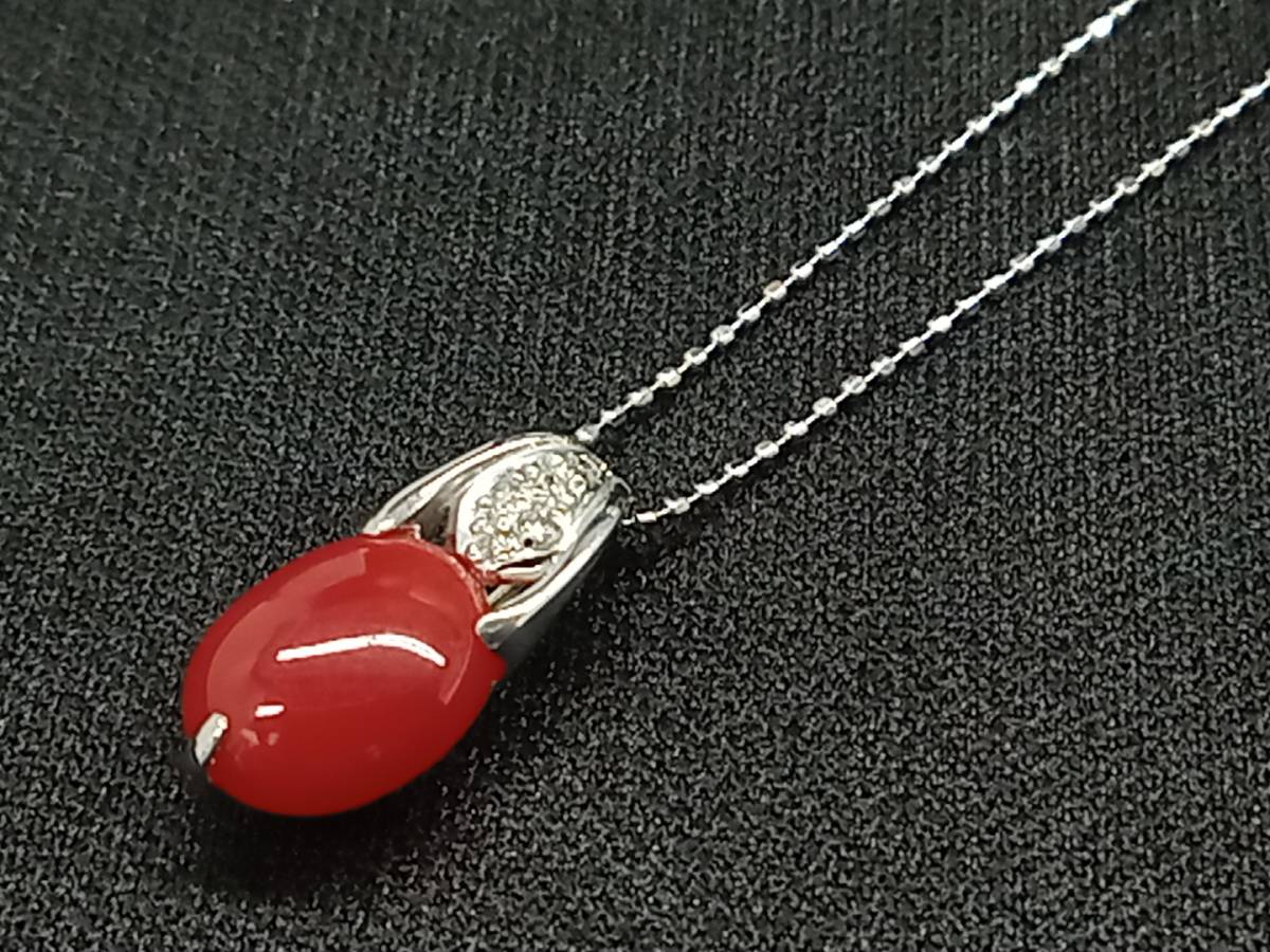 最高品質の K18WG/天然サンゴ ホワイトゴールド ソーティング付き アクセサリー ネックレス 2.67g D0.04ct 40㎝ ホワイトゴールド