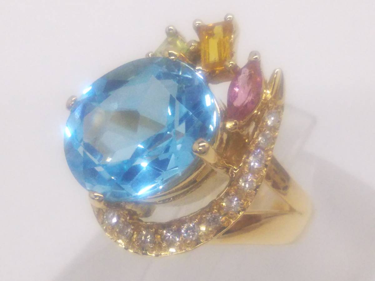 最高品質の 【簡易鑑別書付】K18 ブルートパーズ6.51ct ダイヤ付きリング 8.5号 7.1g トパーズ