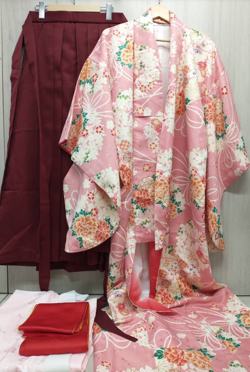 袴セット　卒業式　エンジ色　ピンク花柄　着物　袴田　長襦袢　半帯　約160cm_画像1