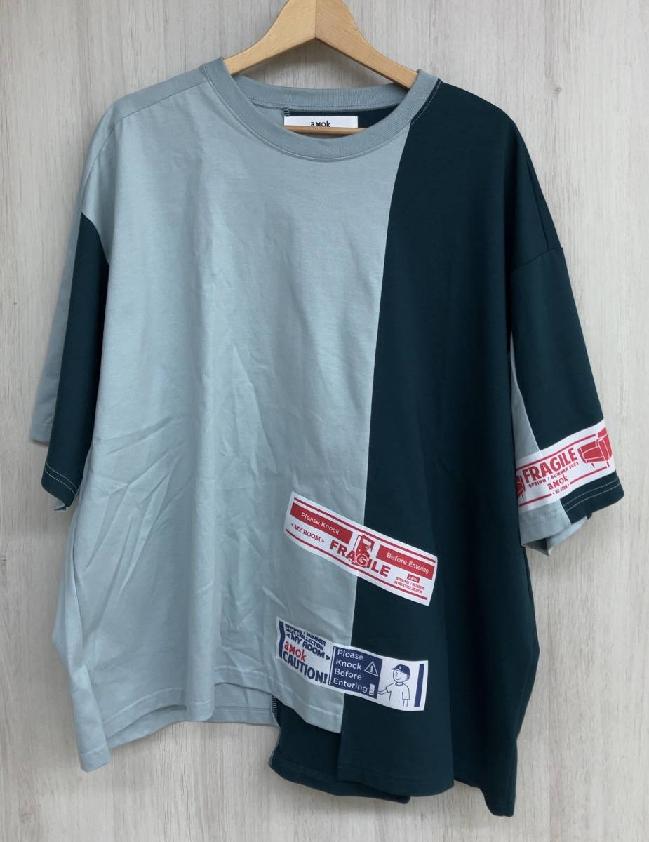 AMOK アモク 23SS Fragil Tape Tee 半袖Tシャツ MY ROOM [231012] ミント×グリーン 日本製 メンズ [S]_画像1