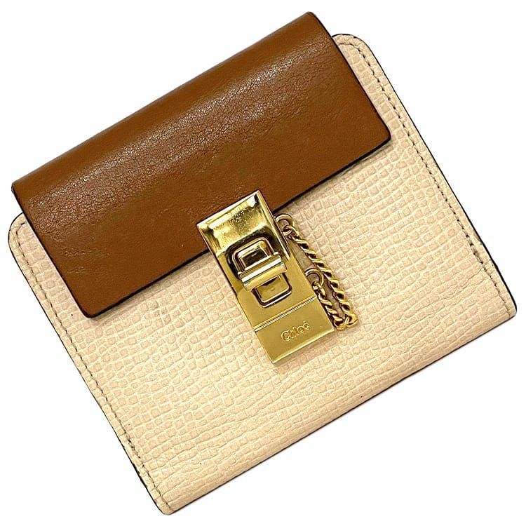 クロエ 二つ折り 財布 ベージュ ブラウン ドリュー ターンロック チェーン レザー 中古 Chloe コンパクト