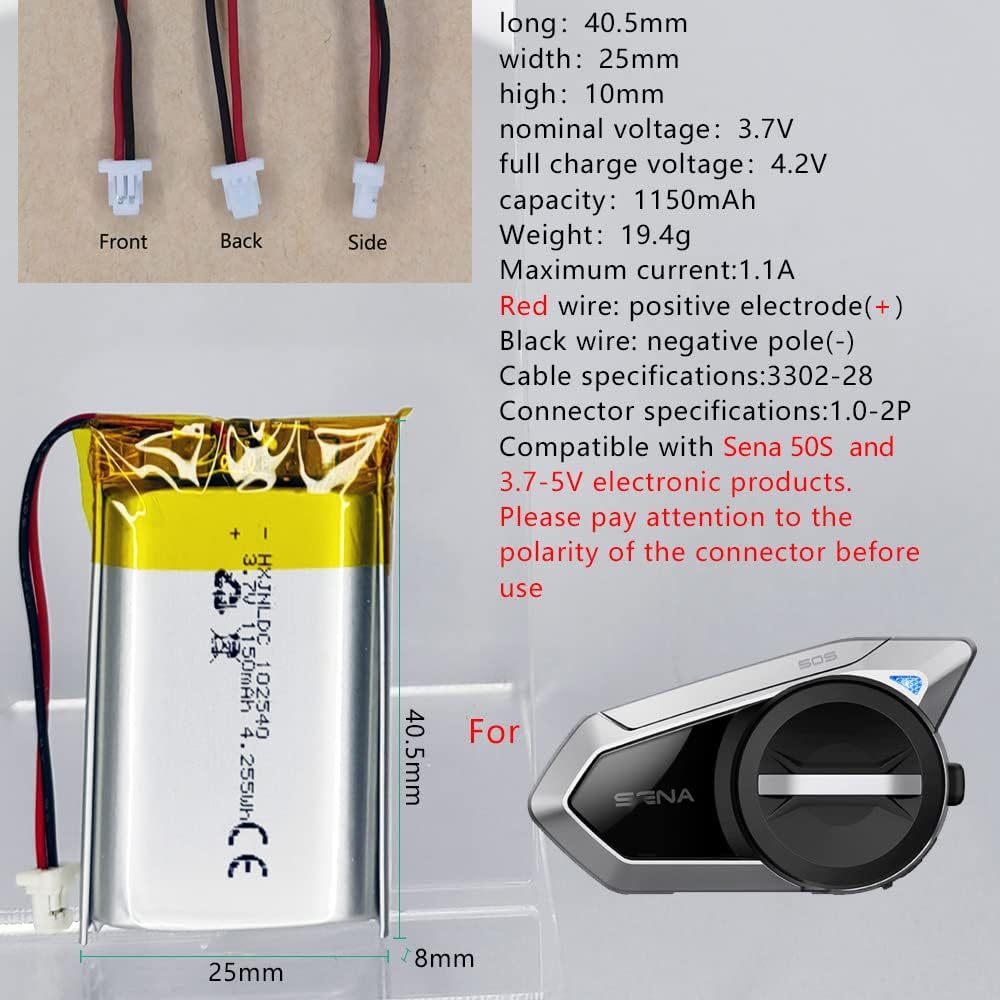 DC 3.7v 1150mAh 102540充電式ポリマーリチウム電池 for Sena 50SモーターサイクルBluetooth_画像2