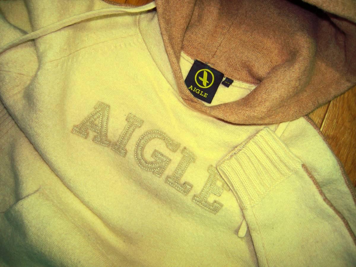 AIGLE エーグル ウール１００％ ニット パーカー リブ編み脇／裾／袖先 XS_画像2