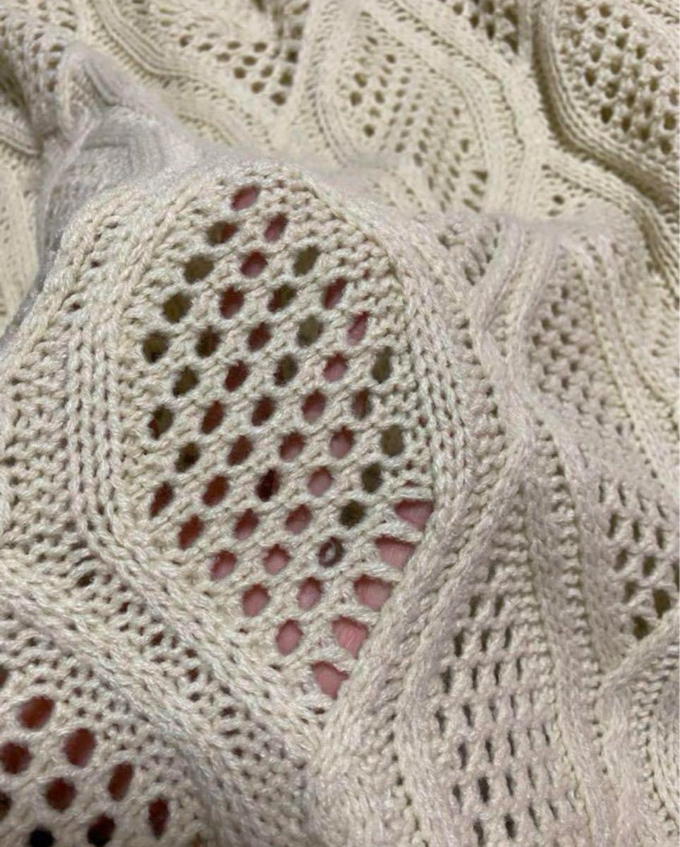 かぎ編み ニット リブ袖 くすみホワイトセーター ケーブルニット ラブジャンキー