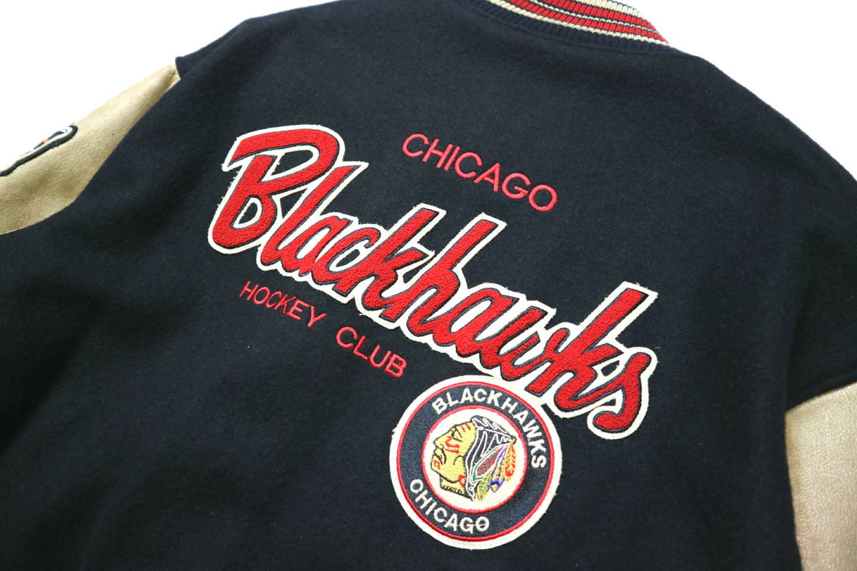 秀逸/良好！◆カナダ製 Beaver Roots NHL シカゴ BLACK HAWKS 袖革スタジャン◆Lサイズ相当（表記M：身長179-181センチ位）の画像8