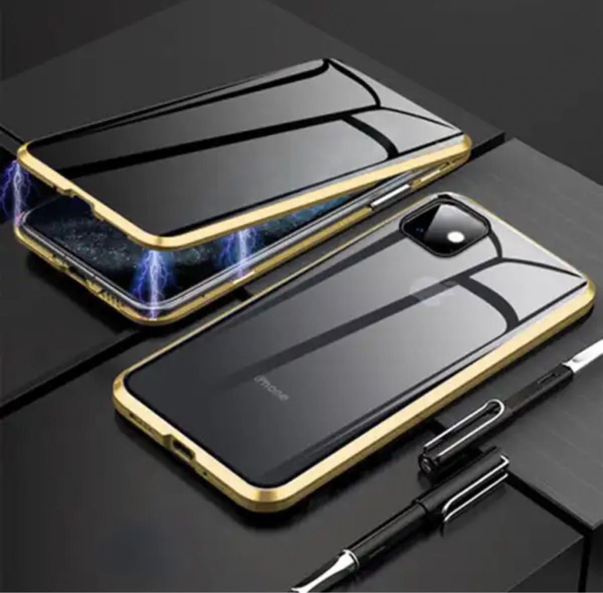 iPhone15ProMAXケース ゴールド 強化ガラス カバー