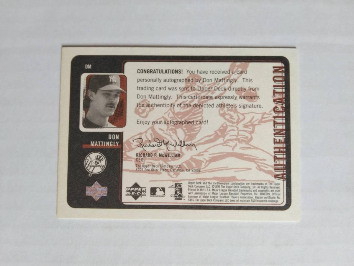 DON MATTINGLY（ヤンキースの永久欠番）1999 Upper Deck Retro　Inkredible 直筆サインカード（直書き）_画像2