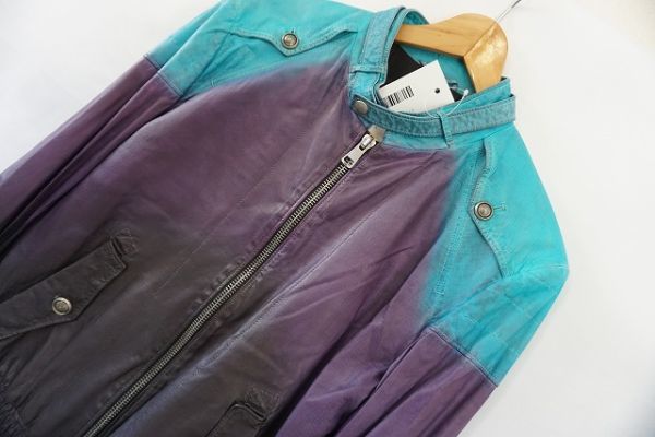 GUCCI グッチ メンズ ラムレザー ライダースジャケット 紫緑系 サイズ:48 イタリー製 【860484】_画像2