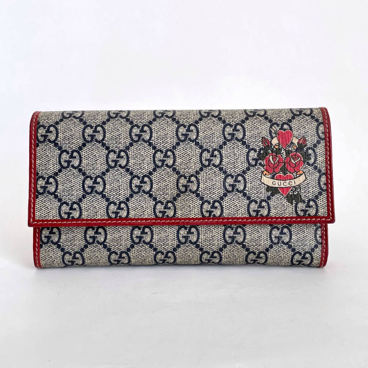 ☆美品☆GUCCI グッチ GGスプリーム ハートローズ 長財布 薔薇 ネイビー・キャンバス×赤レザー PVC 正規品_画像3