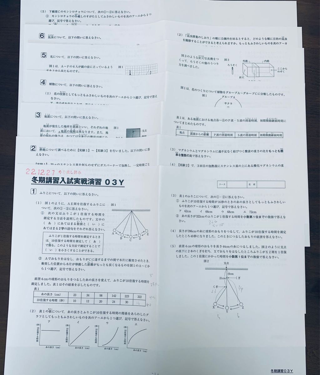 サピックス　SAPIX 小学6年　理科　冬期講習入試実戦演習01Y〜04Y 4セット　セット毎に大問6問、6or7枚　解答付き