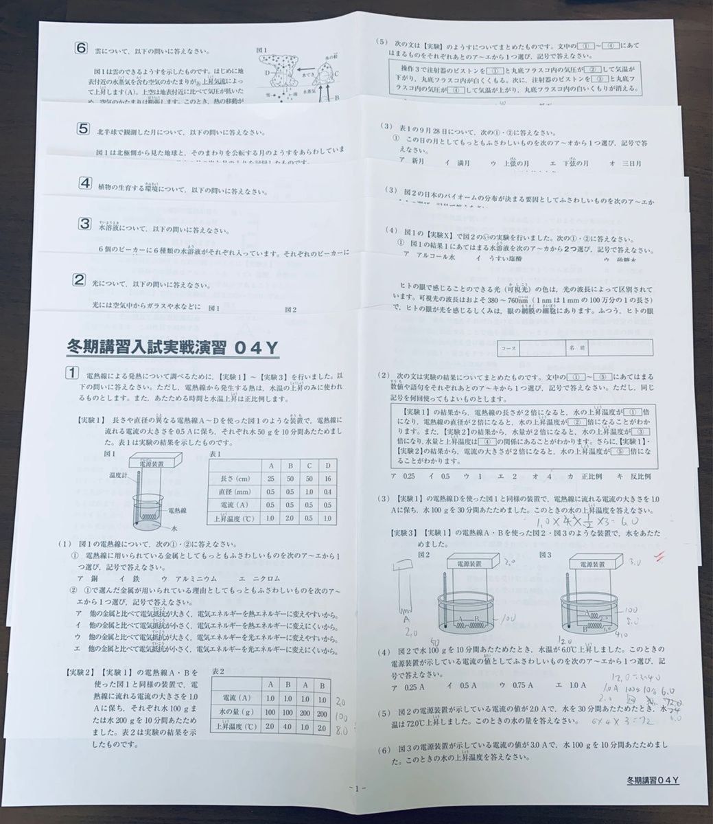 サピックス　SAPIX 小学6年　理科　冬期講習入試実戦演習01Y〜04Y 4セット　セット毎に大問6問、6or7枚　解答付き