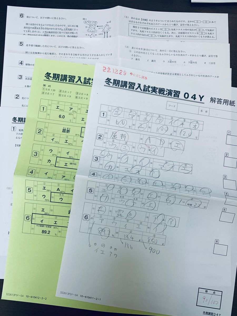 サピックス　SAPIX 小学6年　理科　冬期講習入試実戦演習01Y〜04Y 4セット　セット毎に大問6問、6or7枚　解答付き