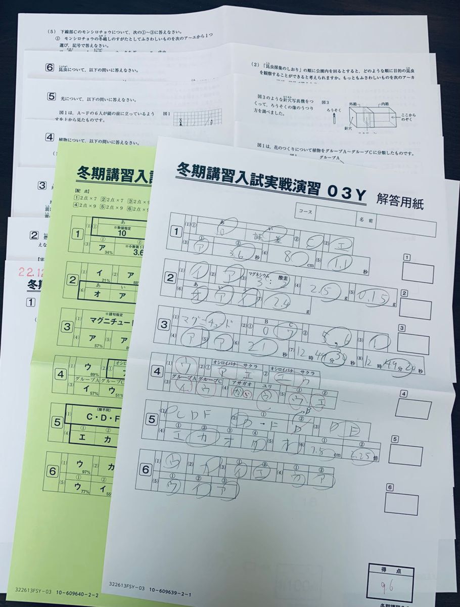 サピックス　SAPIX 小学6年　理科　冬期講習入試実戦演習01Y〜04Y 4セット　セット毎に大問6問、6or7枚　解答付き