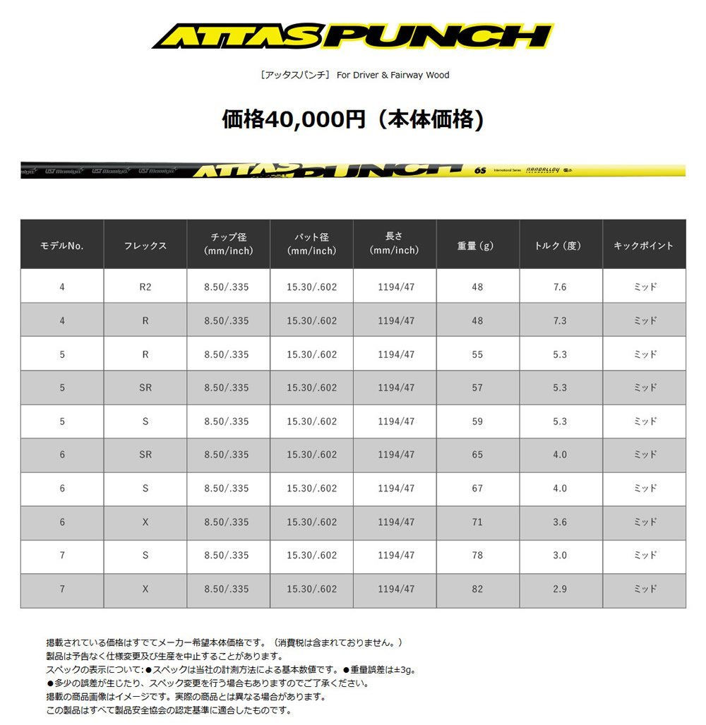新品 USTマミヤ ATTAS PUNCH アッタス パンチ 7 (S) ドライバー・フェアウェイウッド用 47インチ カーボン シャフト単品 日本仕様 ATTAS8_画像4