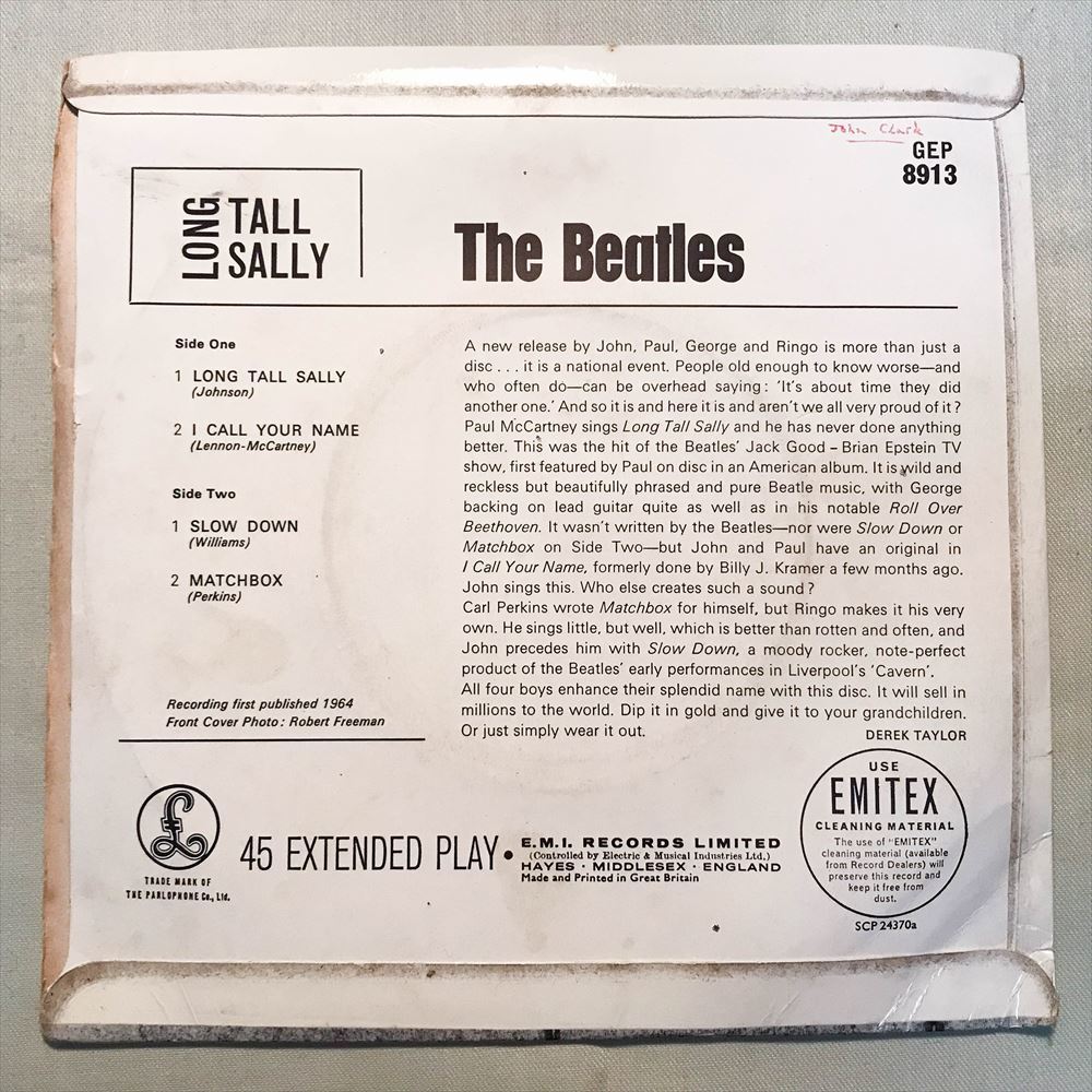 ◆UK ORG MONO◆ BEATLES / LONG TALL SALLY ◆初回PARLOPHONEリム/初回マト1N/1N　4曲入りEP_画像2