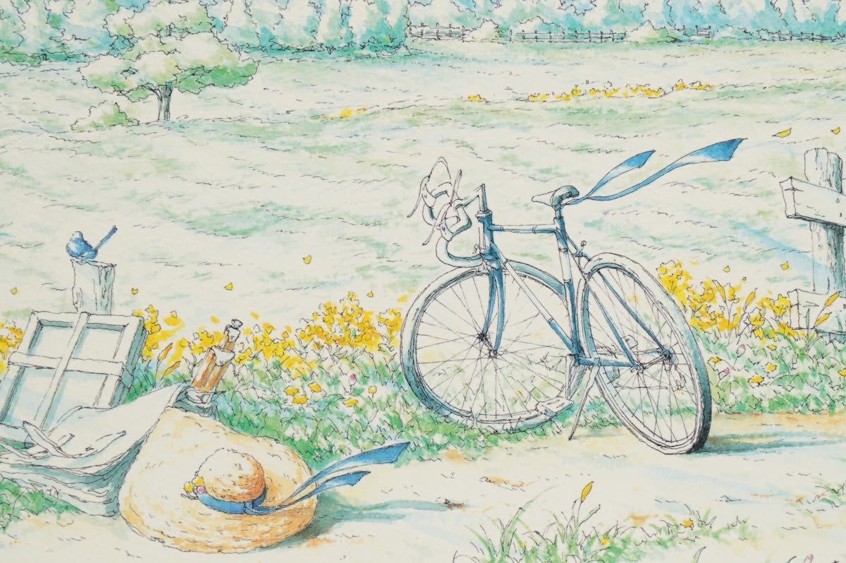 【真作】内田新哉「COUNTRY COTTAGE」リトグラフ 画寸(56cmx38cm) サイン・共シールあり#麦わら帽子と自転車を好んで絵のモチーフとする_画像7