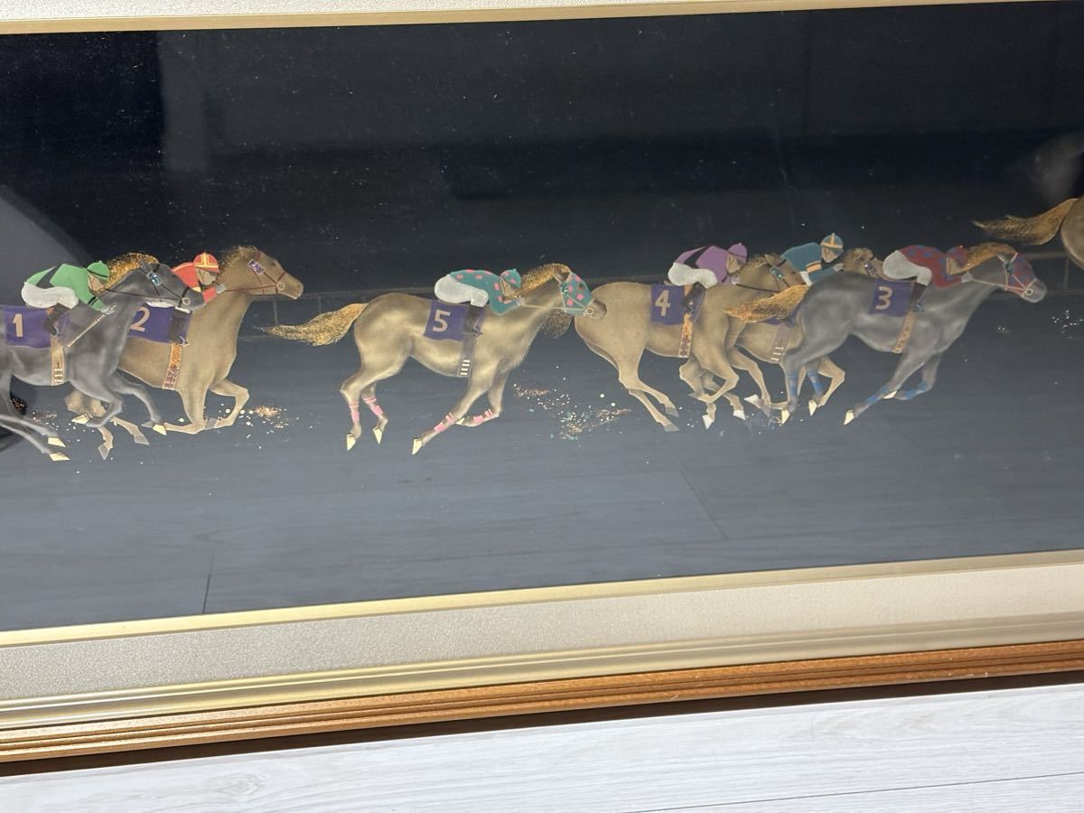 輪島塗　箱瀬淳一 作　蒔絵競走馬図漆額　約43.2×123cm 在銘　共シール　競馬　彫金額 額装 24.1/fm.tw_画像7