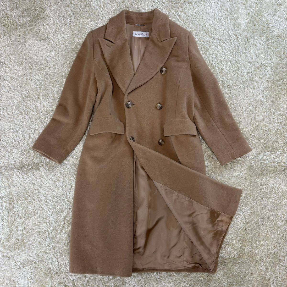 最高級*美品 Max Mara マックスマーラ 美麗シルエット 女優襟*キャメル ロング丈*ダブルボタン チェスターコート 42 LL大きいサイズ 白タグ_画像1