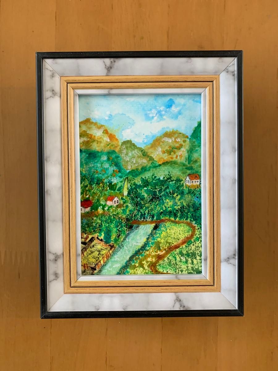 風景画「山と川の見える風景」小さな絵