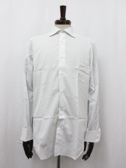 【フライ FRAY】 ストライプ柄 ワイドカラー ドレスシャツ 長袖シャツ (メンズ) ホワイト イタリア製 ■29MK2498■
