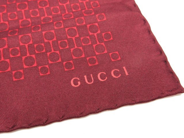 超美品 【グッチ GUCCI】 シルク素材 プリント柄 ポケットチーフ スカーフ (メンズ) ワインレッド系 イタリア製 ■10ME6292■_画像7