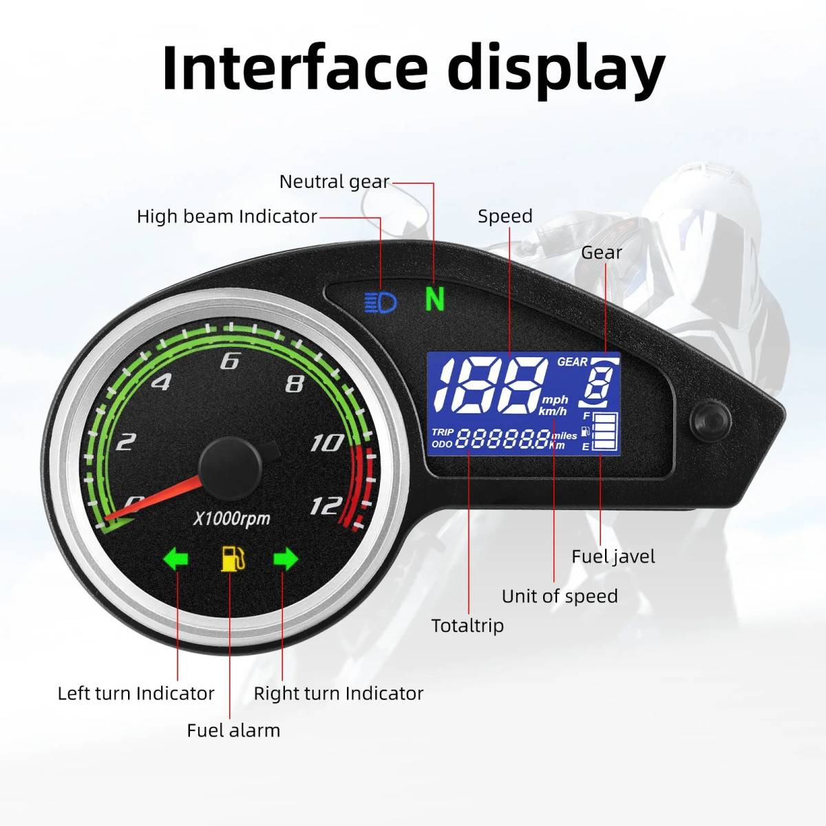 ■ ユニバーサル バイク ATV モーターサイクル カスタム 社外 スピードメーター ■ LCD デジタル オートバイ用 走行距離計 12v G005_画像5