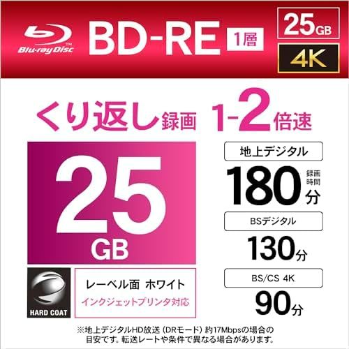 サイズ: 53枚 バーベイタム くり返し録画用 ブルーレイディスク BD-RE 25GB 50枚+3枚増量パック インクジェット_画像4