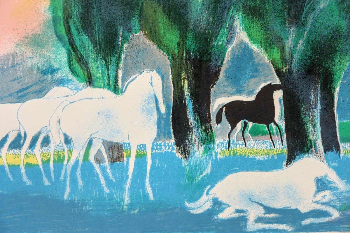 真作 ポール・ギヤマン 大判リトグラフ「樹下の群馬」画寸65×46cm 仏人作家 爽やかな色調に自然豊か穏やかなひと時を感じる ギアマン 8431の画像6