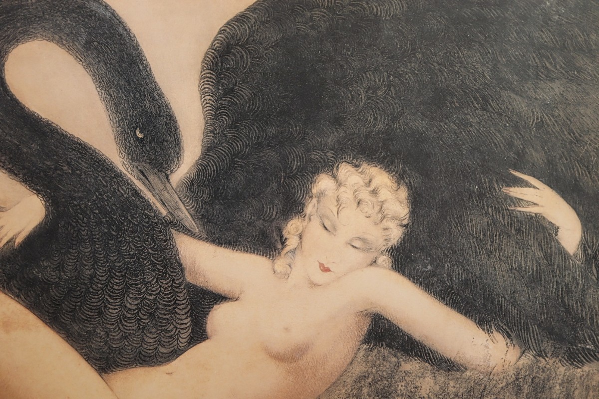 ルイ・イカール オフセット「Leda and the Swan」画寸78×50cm 妖艶な魅力を複雑な技巧に手彩色を加え生き生きした圧倒的迫力と芸術性 8461_画像6