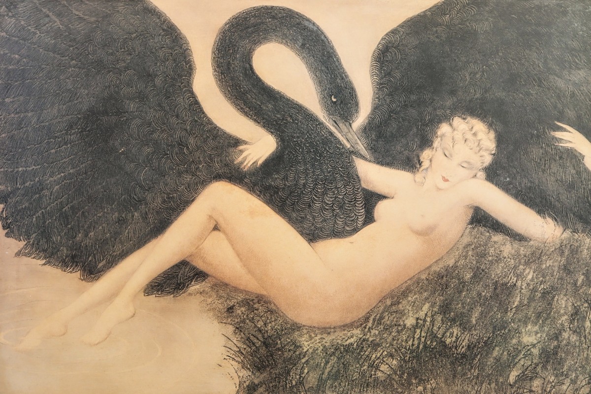 ルイ・イカール オフセット「Leda and the Swan」画寸78×50cm 妖艶な魅力を複雑な技巧に手彩色を加え生き生きした圧倒的迫力と芸術性 8461_画像3