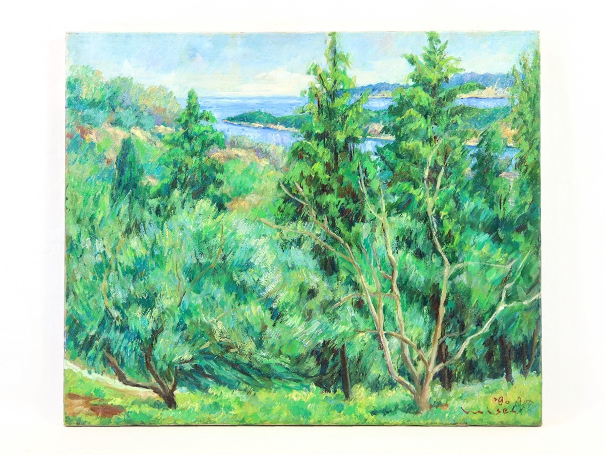 真作 三瀬信雄 1990年4月油彩「オリーブの丘」画寸 60.5cm×50cm F12 鮮やかな緑のオリーブ畑と遠望に広がる穏やかな瀬戸内海の春景 8478_画像2
