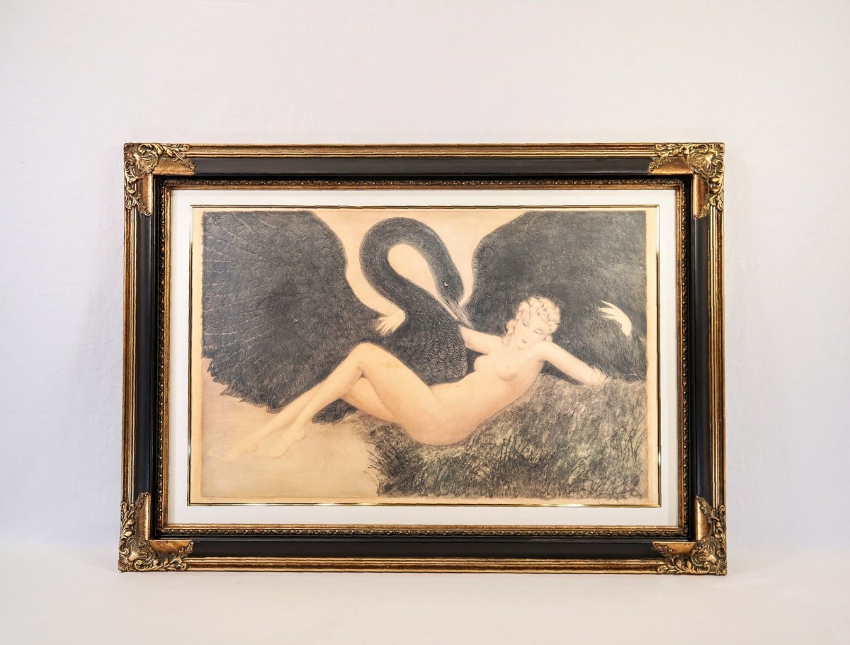 ルイ・イカール オフセット「Leda and the Swan」画寸78×50cm 妖艶な魅力を複雑な技巧に手彩色を加え生き生きした圧倒的迫力と芸術性 8461_画像1