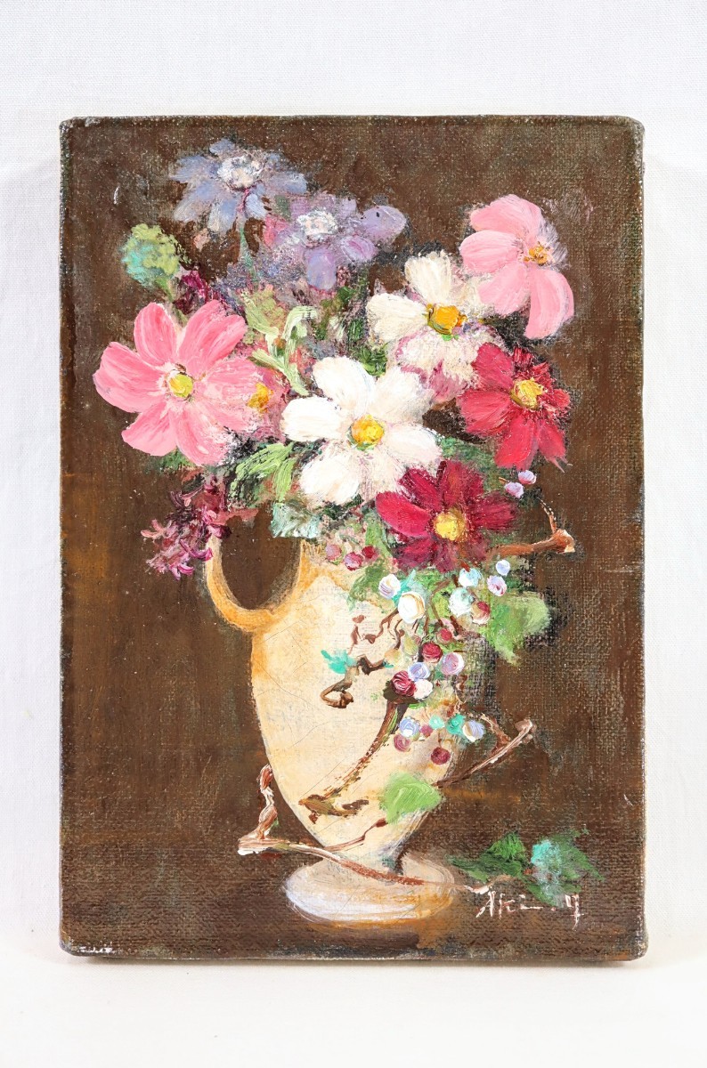  genuine work Yamamoto .. oil painting [.. flower ]. size SM Tokyo Metropolitan area .. less place . origin two ..... wistaria Saburou ... white porcelain. vase . possible .... flower .......8433