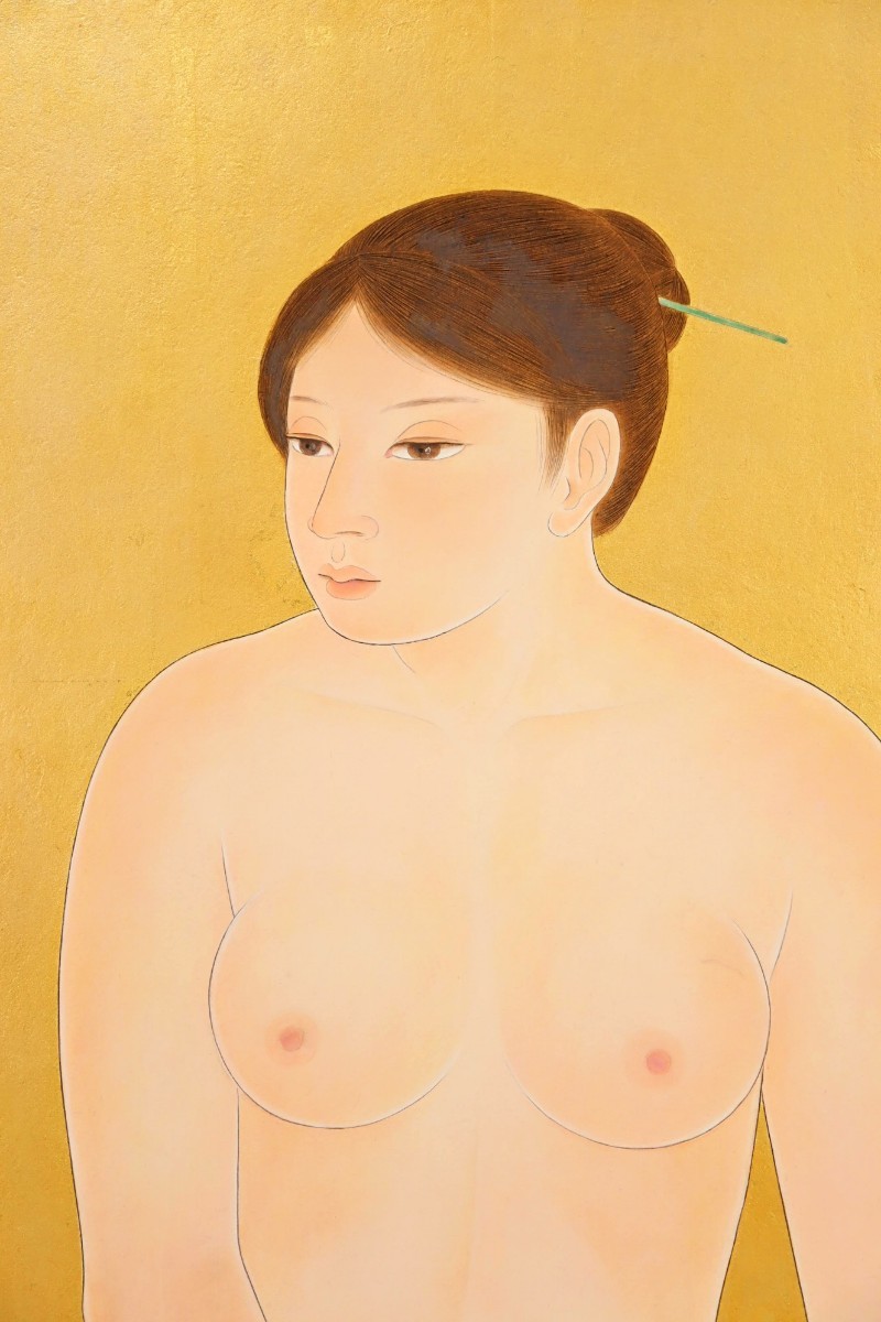 真作 大野俊明 日本画「待」画寸 53cm×72.5cm 20号 京都府出身 京都市立芸術大学特任教授 淡い色合い繊細な女性の機微を巧みに捉える 8439_画像4