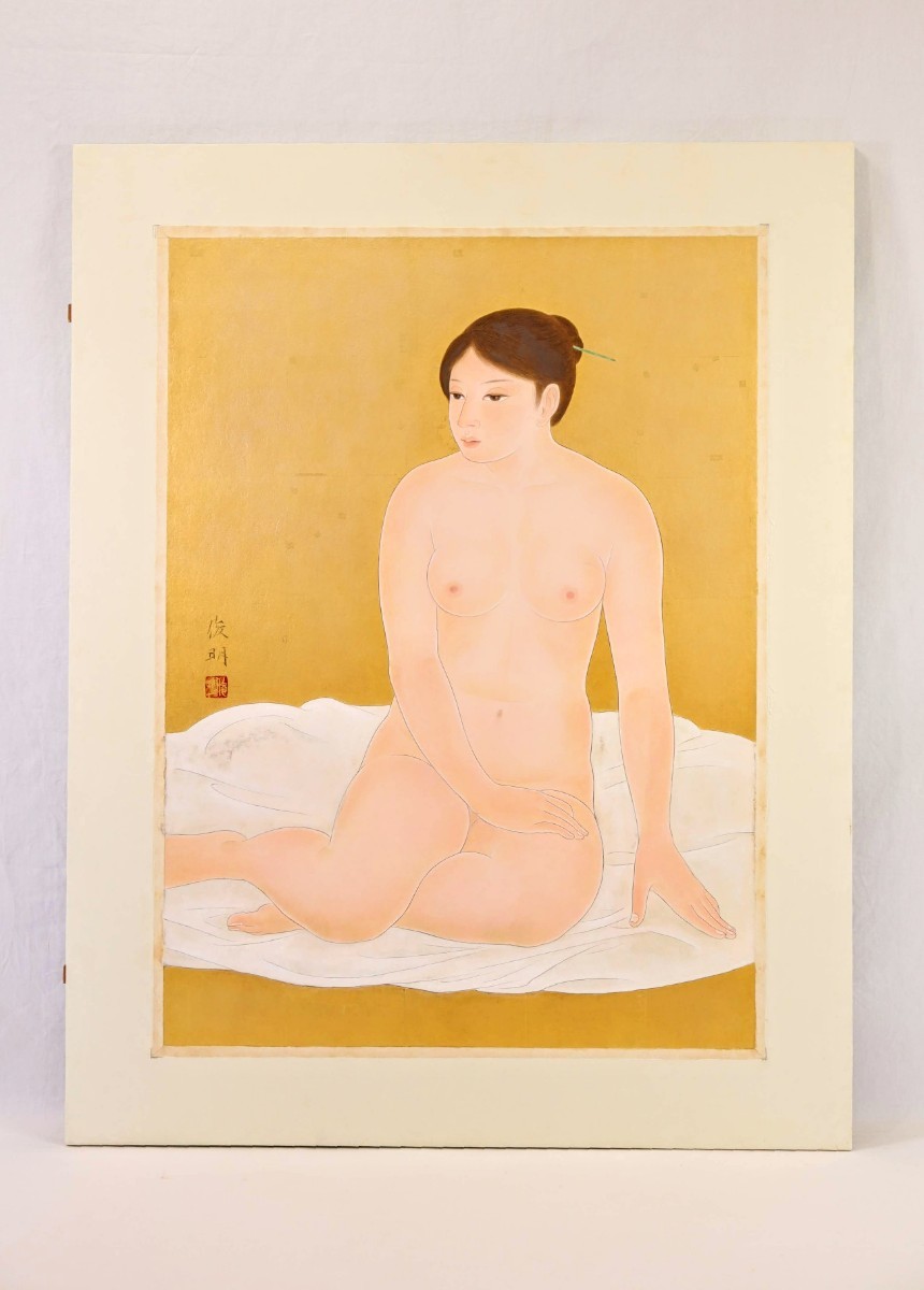 真作 大野俊明 日本画「待」画寸 53cm×72.5cm 20号 京都府出身 京都市立芸術大学特任教授 淡い色合い繊細な女性の機微を巧みに捉える 8439_画像2