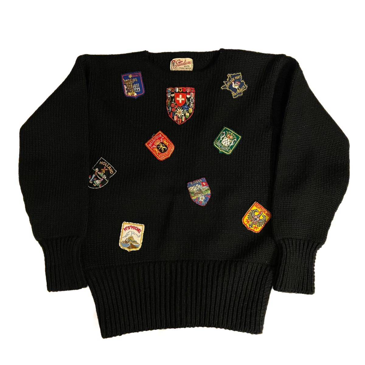 希少 40s~ Vintage Black Wool School Knit ニット Vネック ヴィンテージ ビンテージ スウェット セーター レタード ローゲージ カレッジ