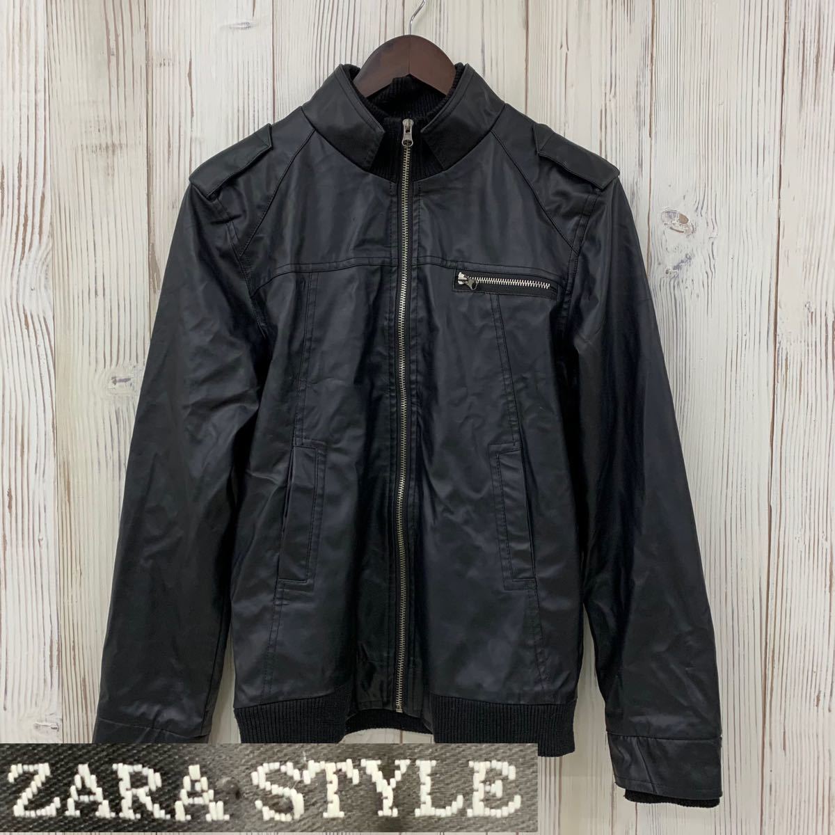 ◯ ZARA STYLE ザラ レザージャケット シングル ライダース メンズ ブラック Lサイズ ジップアップ ブルゾン ノーカラー ジャンパー 古着_画像1