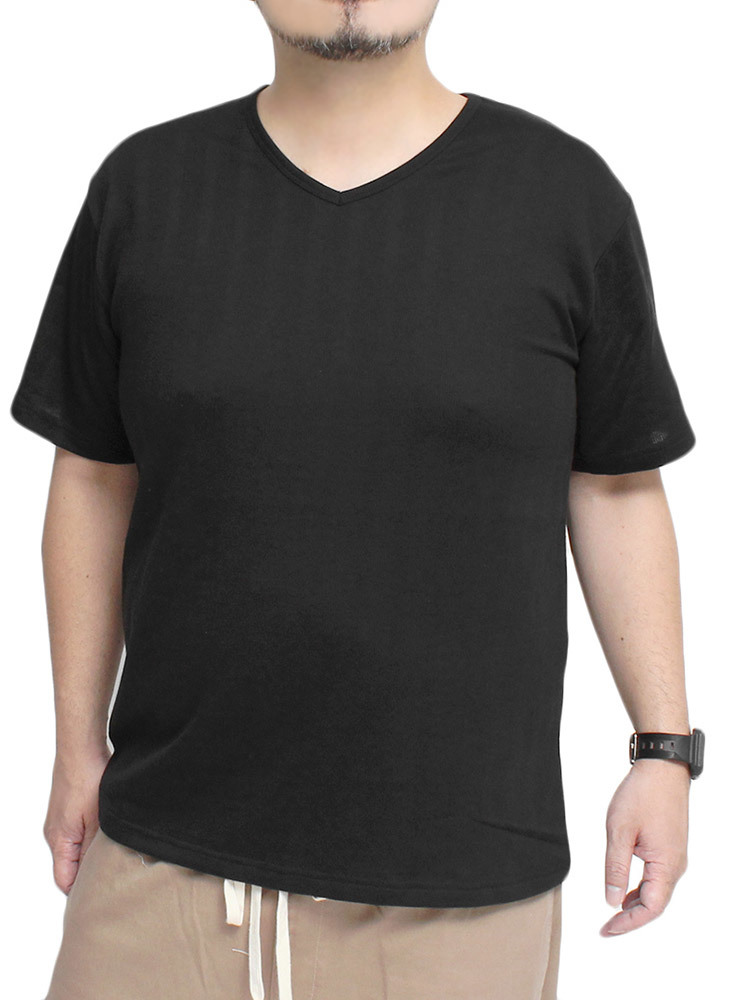 【新品】 2L ホワイトチェック 長袖シャツ メンズ 大きいサイズ パナマ素材 半袖 無地 Vネック Tシャツ 2点セット アンサンブル ストライプ_画像3