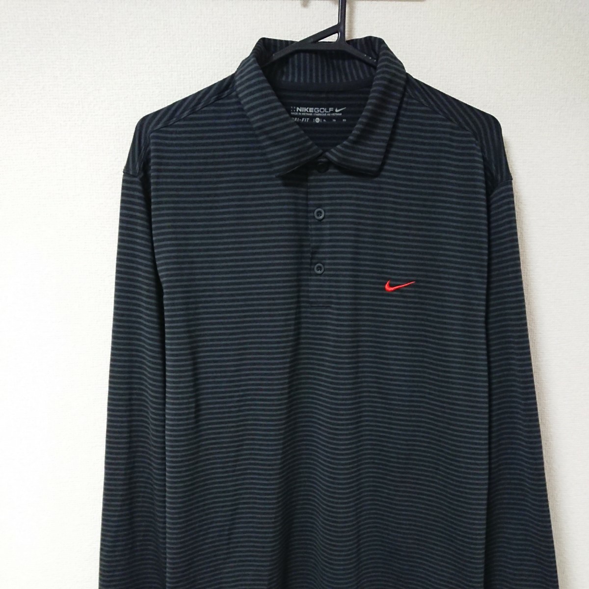 良品 NIKE GOLF ナイキ ゴルフ スポーツ トレーニング ウェア シャツ 長袖 ポロシャツ ブラック 黒 グレー ボーダー XL 大きめ 伸縮性 人気_画像3