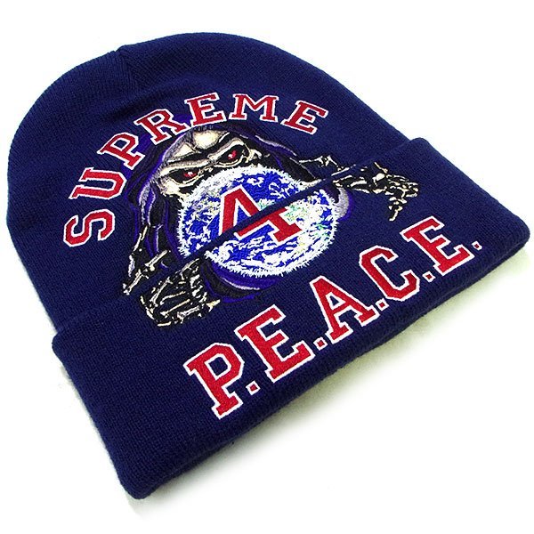 美品 シュプリーム ニット 帽子 刺繍 Supreme PEACE 青 【328869】_画像3