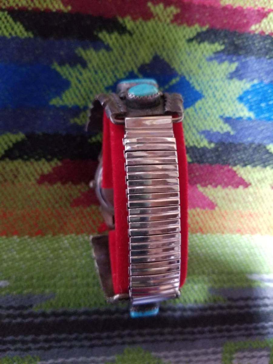 インディアンジュエリー 天然石 ターコイズ ブレスレット ウォッチ 腕時計 可動品 925 スターリング シルバー 蛇腹 ベルト / NAVAJO ナバホ_画像5