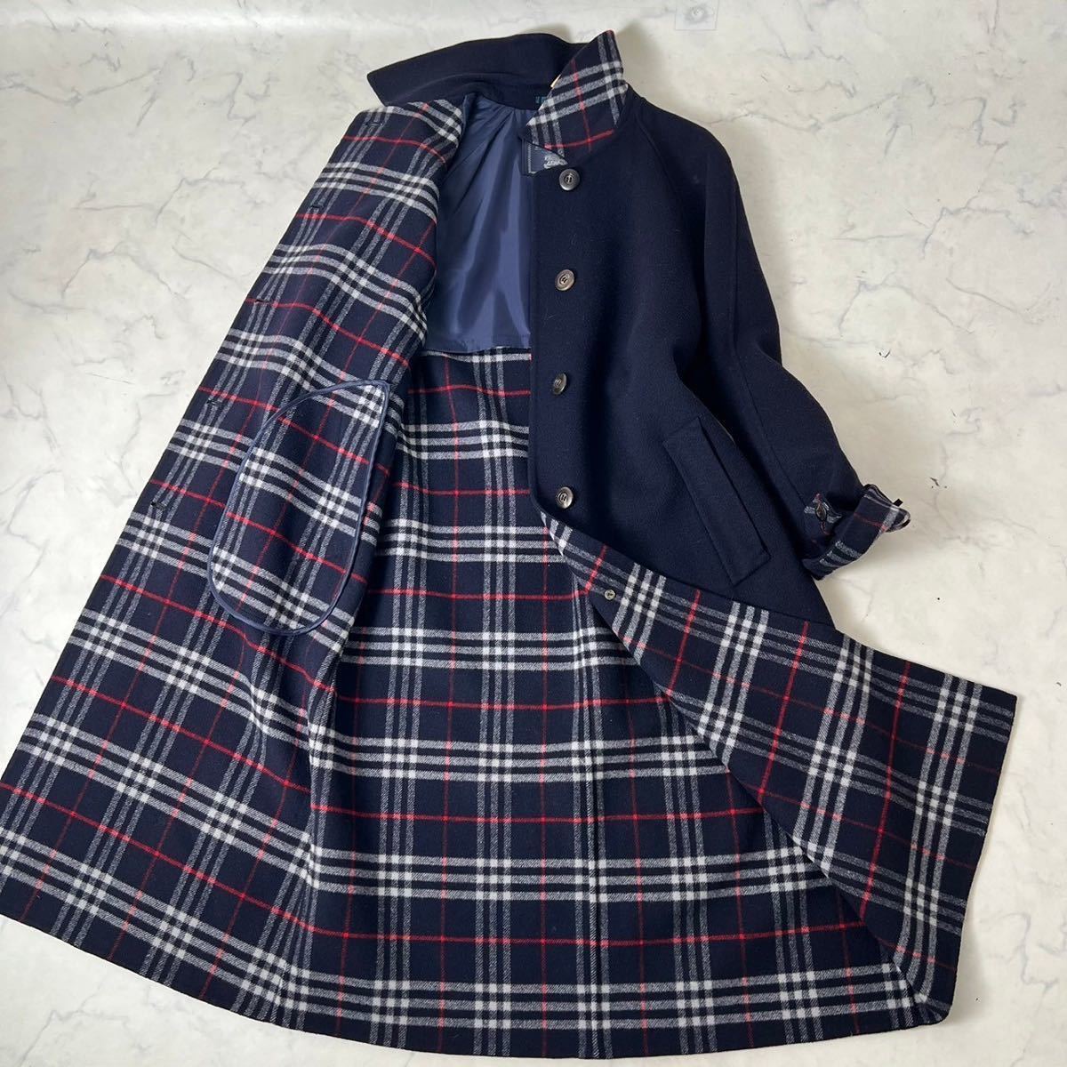 極美品 カシミヤ BURBERRY メルトンコート リバーコート ダブルフェイス ロングコート ノバチェック 紺 レディース 【L〜LL】 バーバリー_画像1