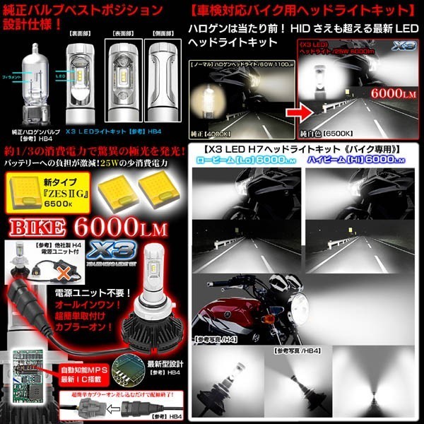 ハーレーダビッドソン/H7 バイク用X3 PHILIPS 6000ルーメンLEDヘッドライトキット25W/6500K_画像2