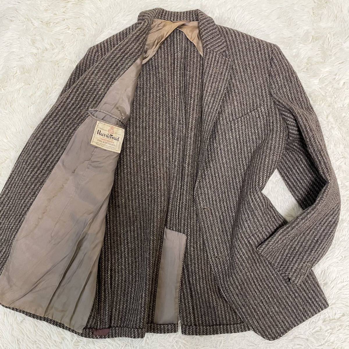 2XL~4L相当 ハリスツイード【圧巻のストライプ】HARRIS TWEED テーラージャケット ウール 2B 背抜き ブラウン系 52~54相当 ジャンク品_画像1